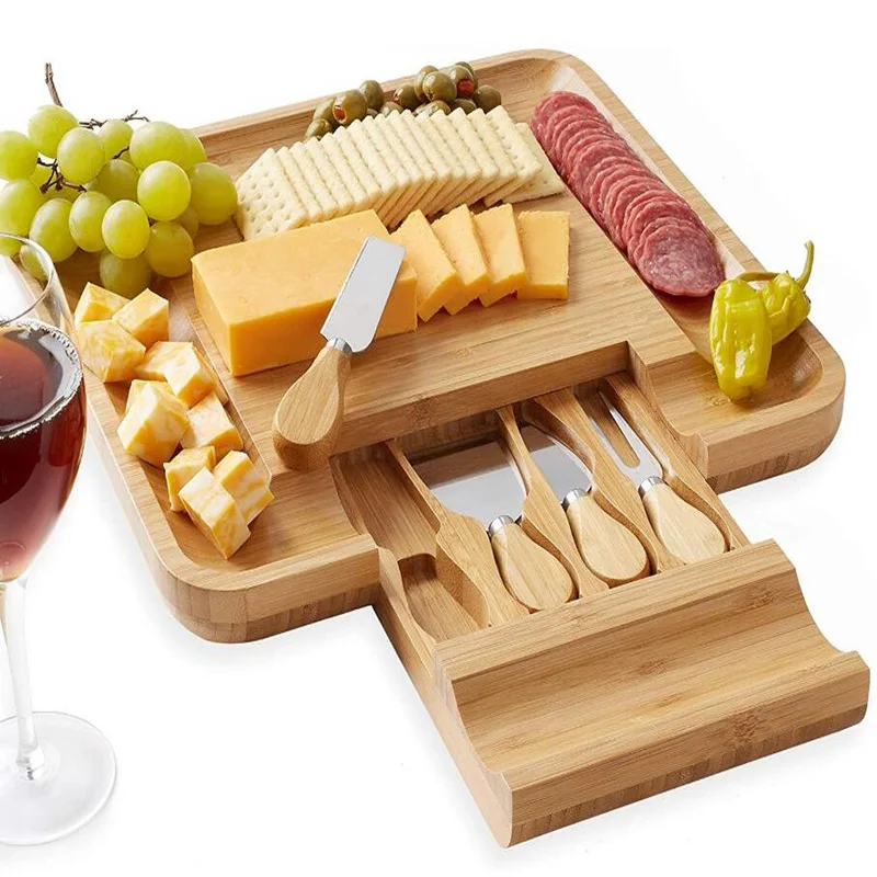 Bamboo Cheese Board Set with Cheese Knife Drawer Cheese Board Cutting Board Kitchen Tool Tray