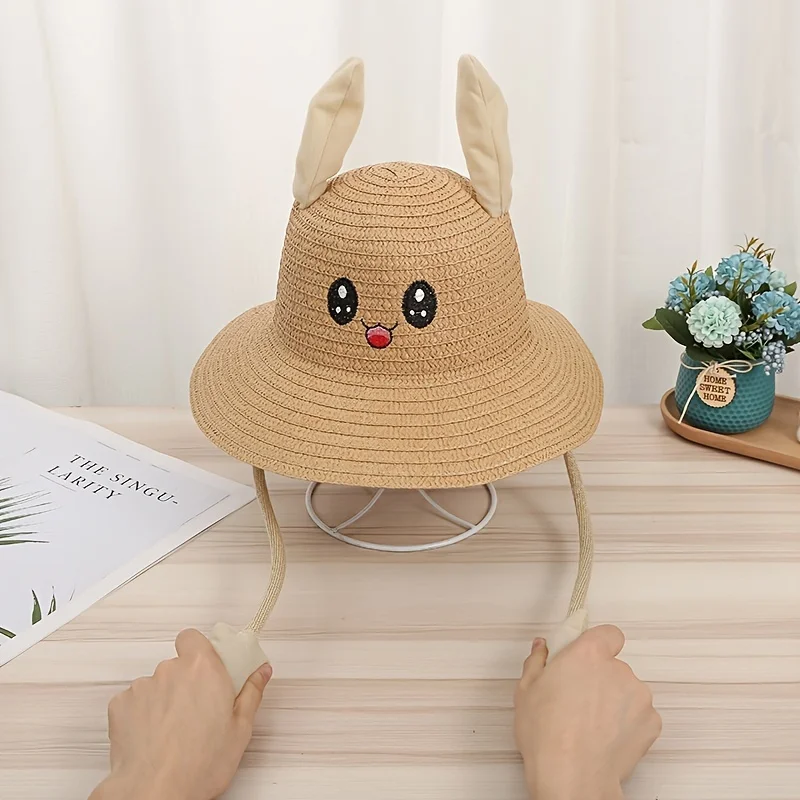 Kids Baby Bunny Hat with Moving Ears Rabbit Straw Hat Jumping Ear Funny Cap Wide Brim Sun Protection Hat Boys Girls Outdoor