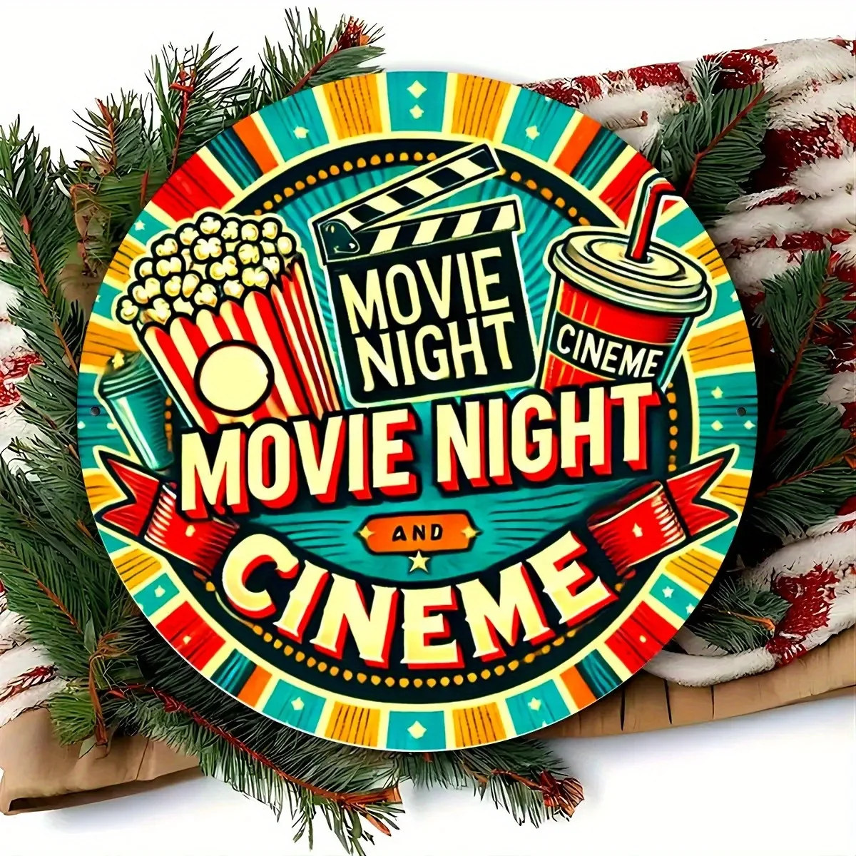 2D Flat, 2D FlatOne, Movie Night Aluminum Sign, 8x8inch Round Wall Decoration, Suitable Cinemas, Offices, Cafes, Easy to Hang
