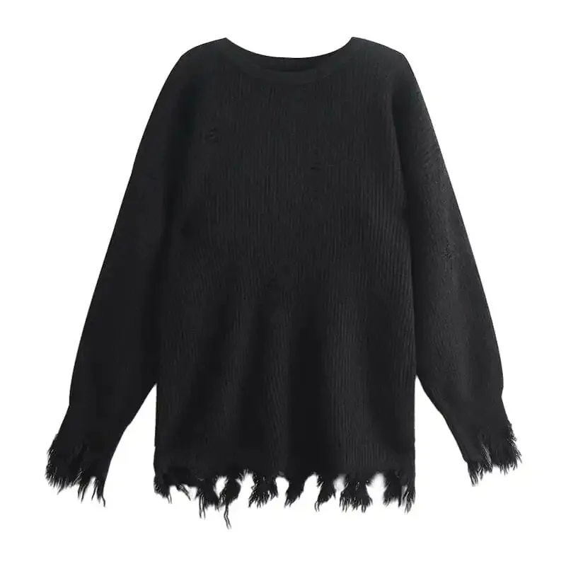 GIDYQ Y2k Black Pullovers Women Retro O Neck Gothic Punk Tassel Knitted Sweater Korean Fashion Casual Loose All Match Chic Tops