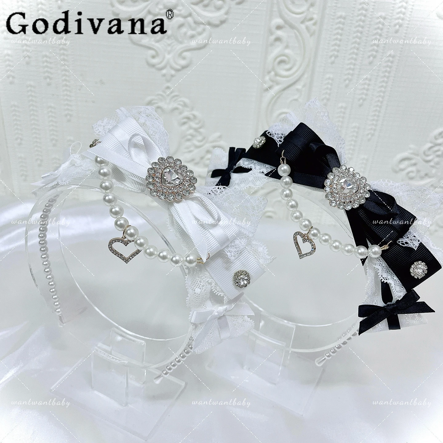 

Japanese Lolita Style Sweet Headband Mine Mass-Production Lace Pearl Bow Headband Girl's Woman's Cute Hair Accessories