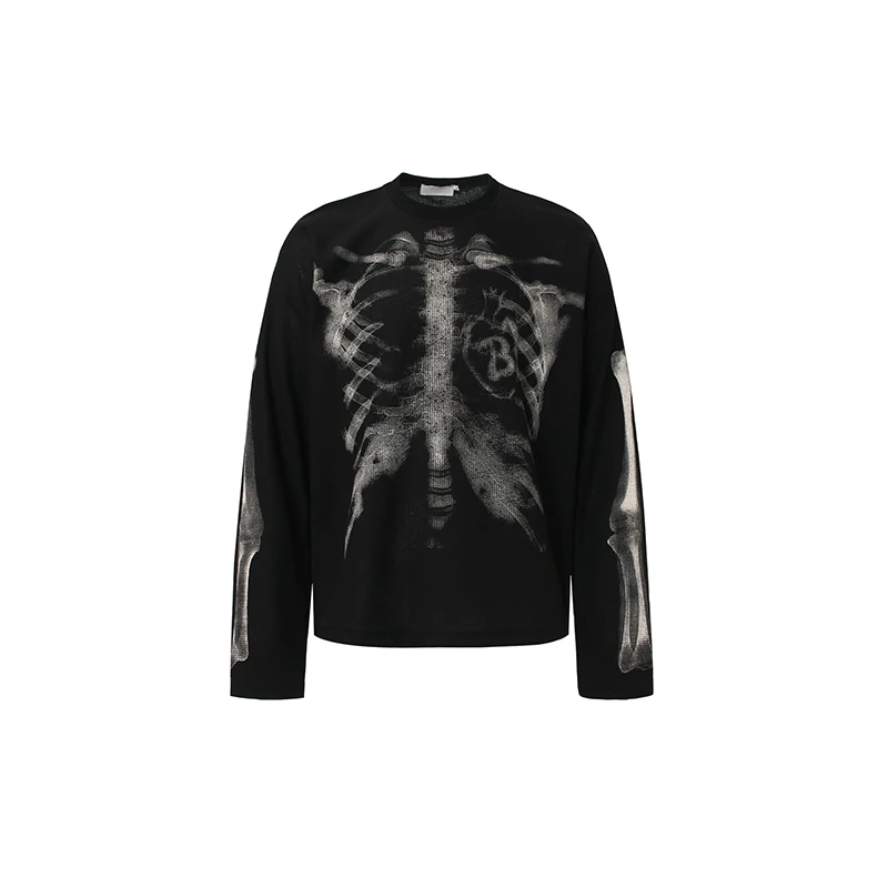 American Style Vintage Street Trendy High-Grade Abstract Pattern Design Waffle Long Sleeve T-shirt Ins Style
