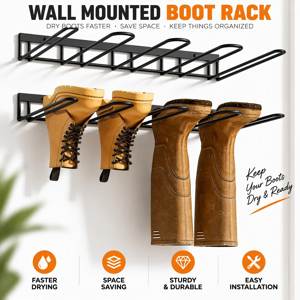 2PC Boot Rack Hanger Wall Mounted- (4 Pair) Sturdy Metal Boot Organizer, Tall Shoe Holder for Closet, Entryway, Indoor, Garage