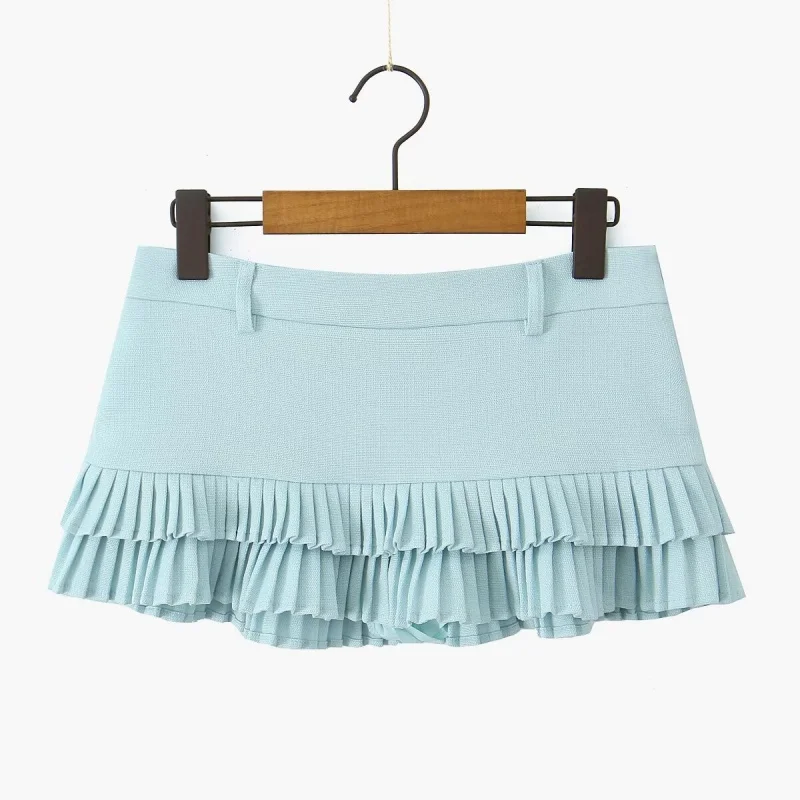 

Весенне-летняя короткая юбка мятно-зеленого цвета со встроенными защитными шортами, с рюшами по подолу, модная, для стильных девушек, незаменима для уличного шопинга
