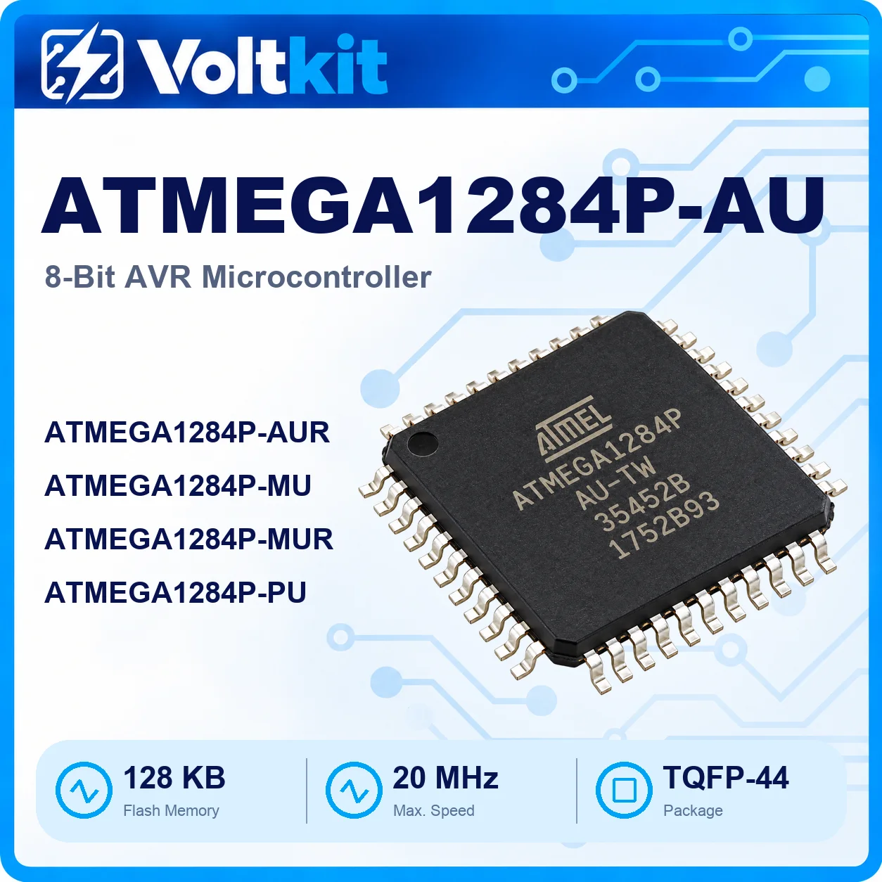 1PCS ATMEGA1284P-AU ATMEGA1284P TQFP-44 QFP44 8-bit AVR Microcontroller MCU 128KB Flash 16KB SRAM