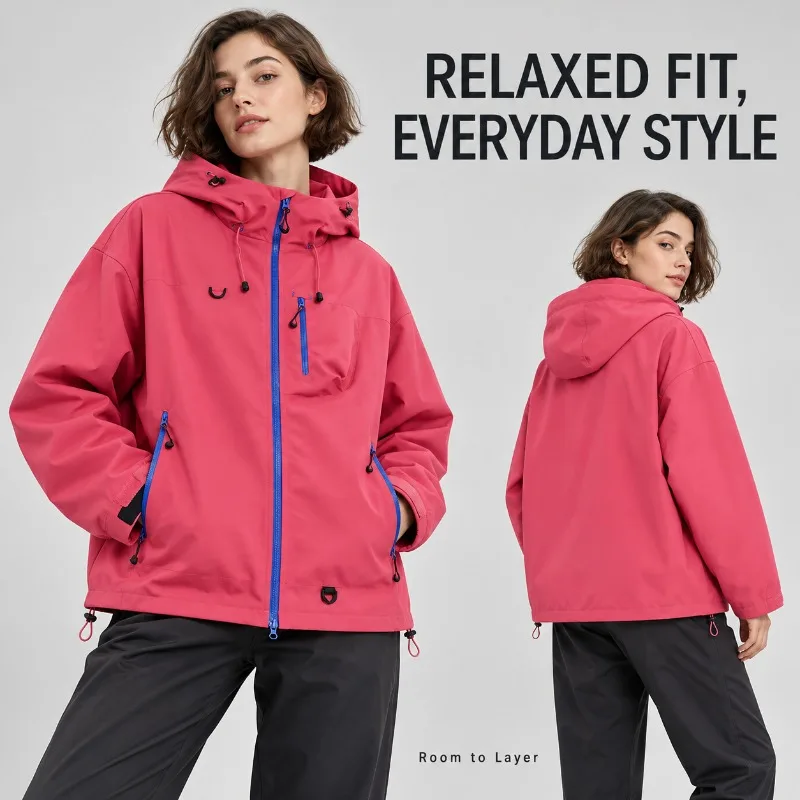 Unisex Hooded Jacket Men Women Loose Fit Windbreaker Contrast Zip Casual Outdoor Coat with Pockets S-3XL