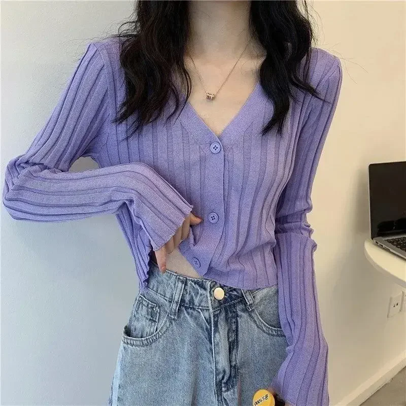 

Summer Cardigan Women Thin Candy Colors Slim Female V-neck Korean Crops Casual Sweet Sunscreen Pure Long Sleeve Sun-proof Knit