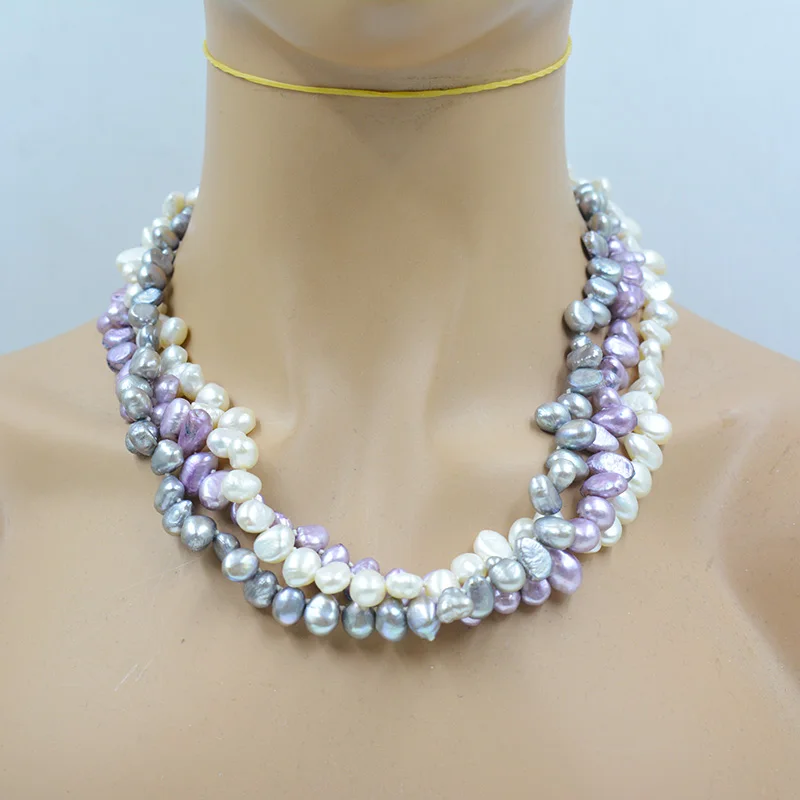 8MM unique natural baroque pearl 3 strand necklace. Ladies high-grade beautiful jewelry 50CM