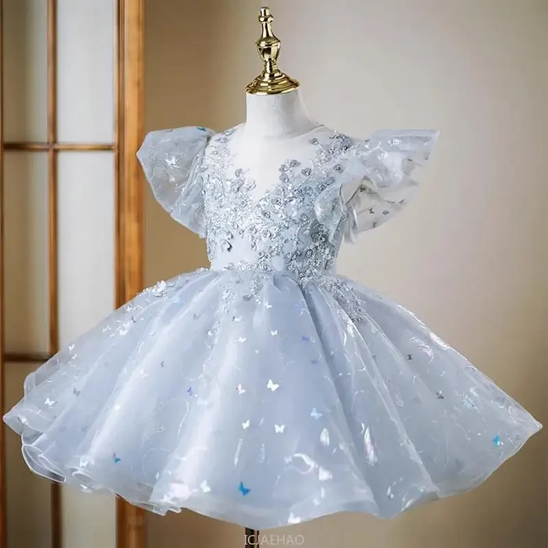 Girl Princess Dress Party Petal Sleeve Dresses Sequin Piano Performance Sleeves Tutu Ball Gown Gowns Teenager Clothing Flying