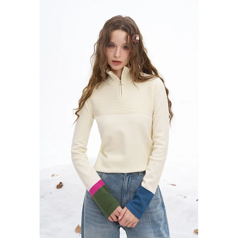 ELFSACK 2025 Winter New Arrivals Y2K Slimming Casual Half Zipper Contrast Sleeve Patchwork Knitwear For Women