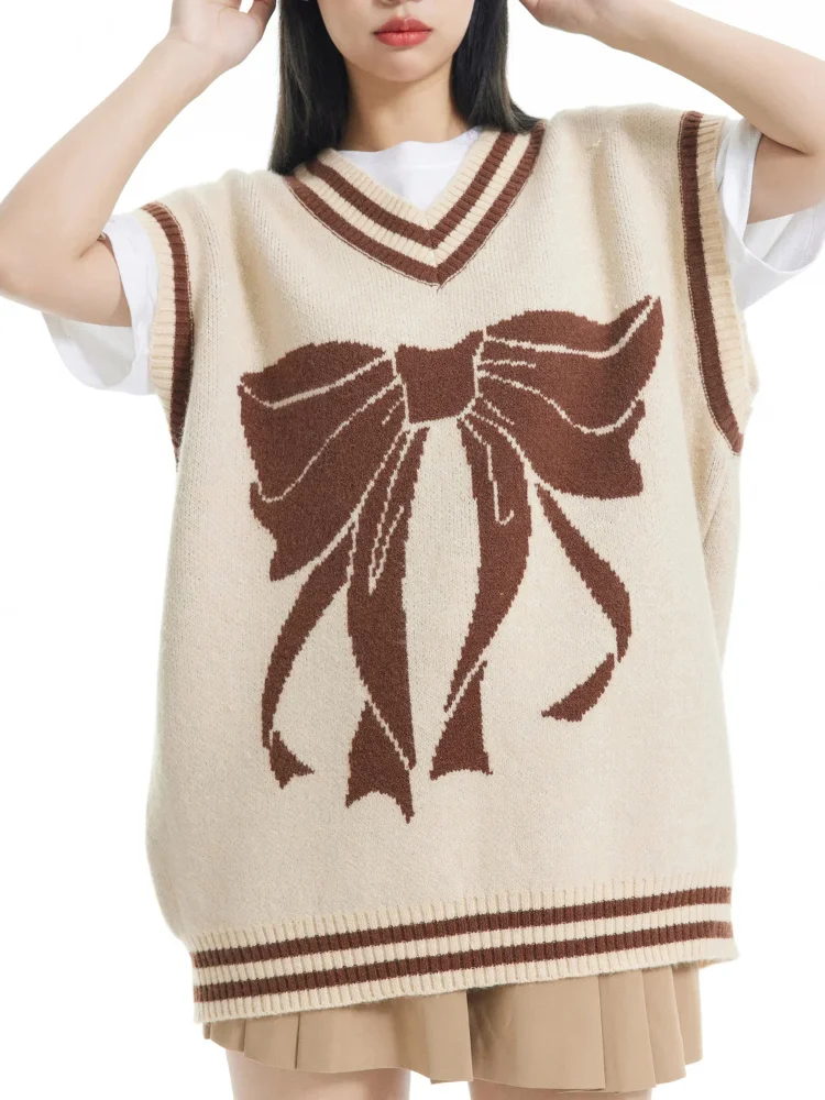 

Жаккардовый вязаный жилет с бантом, женский винтажный свободный пуловер в консервативном стиле с v-образным вырезом, осень-зима, свитер без рукавов Y2k
