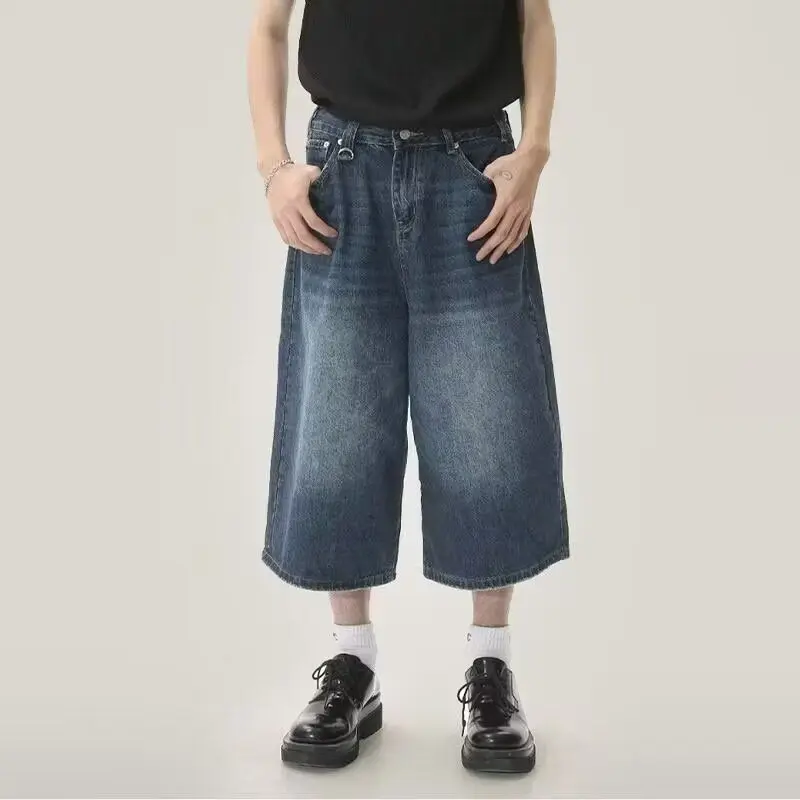 

Retro American Washed Denim Short Pants Women's High Street Design Wide Leg Mid-Pants Unique Style Casual Straight Cut Jeans