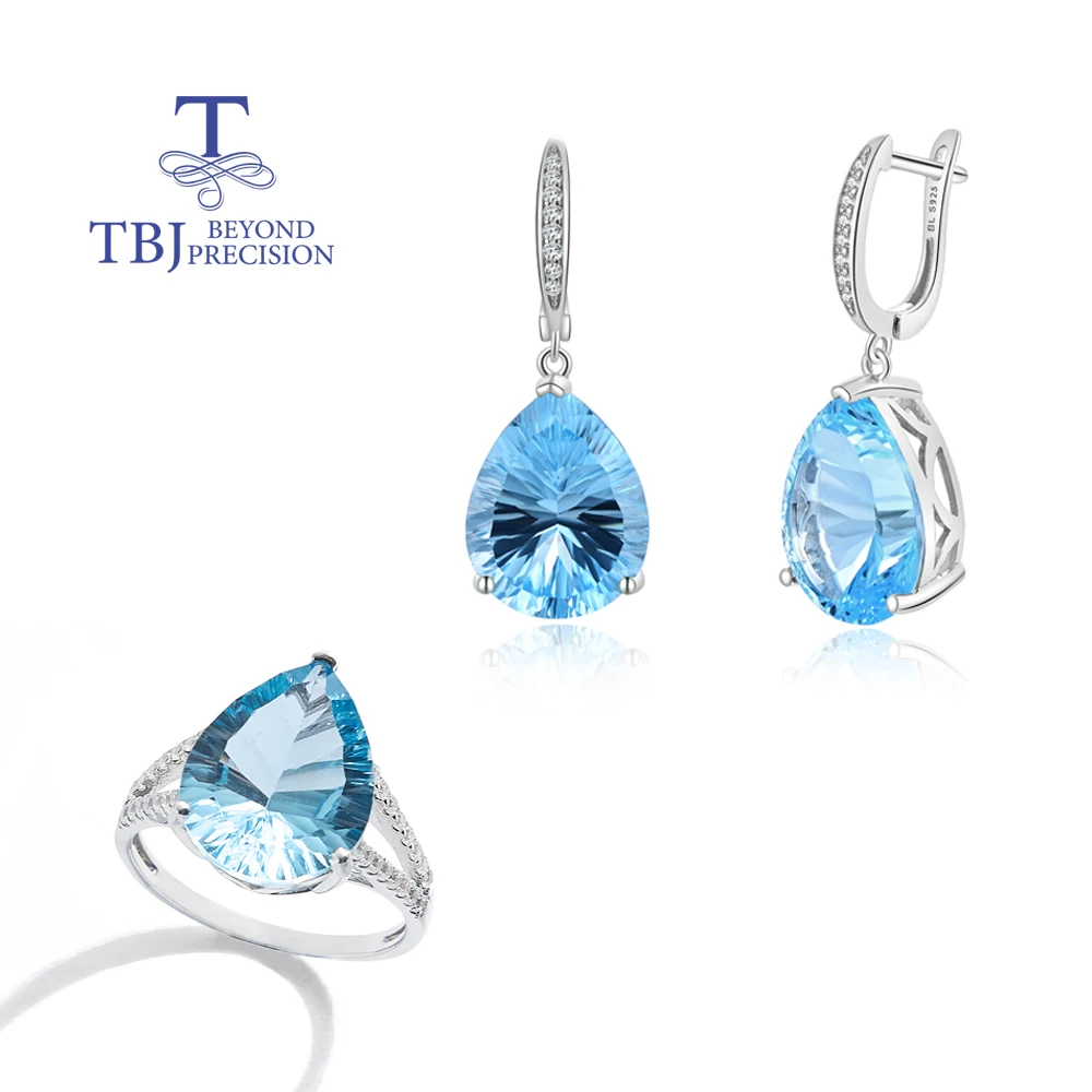 

TBJ,Natural Pear 12*16mm sky blue topaz big Ring earrings Set 925 sterling silver fine jewelry for Women's party valentines wear
