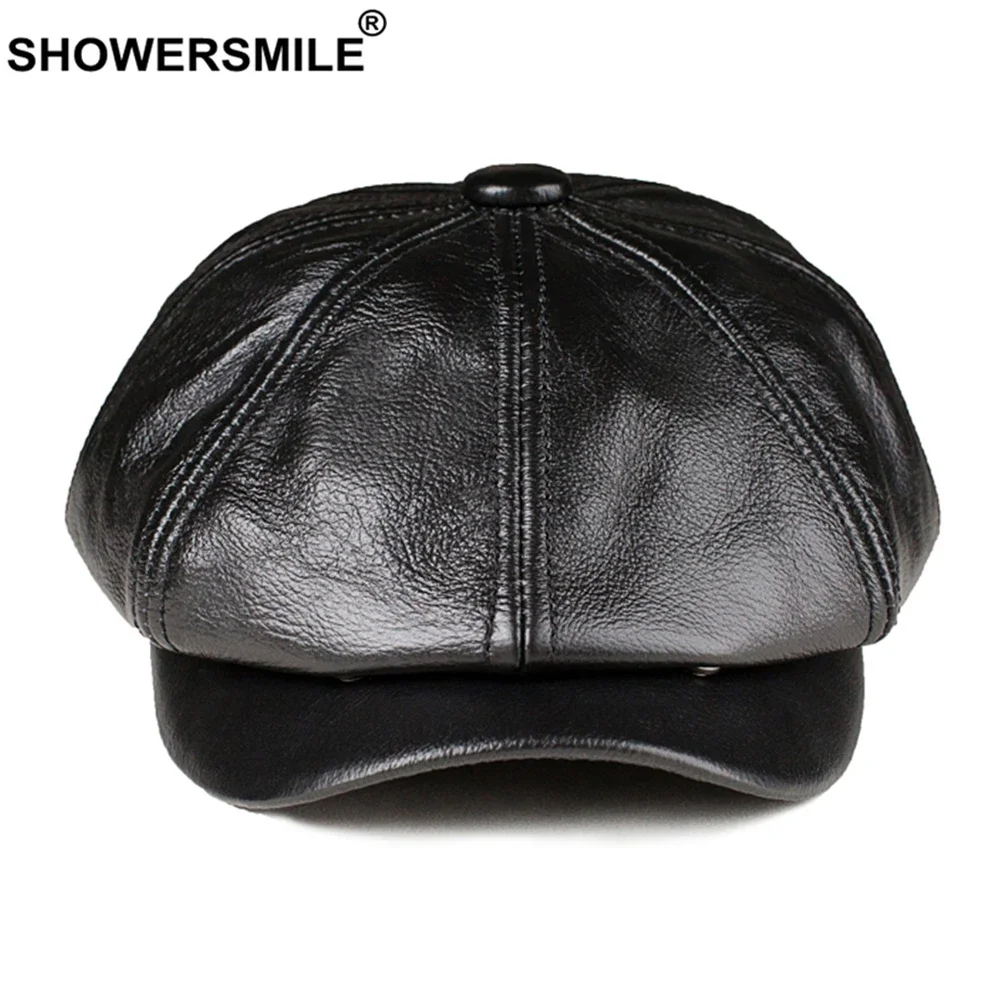 

SHOWERSMILE Black Real Leather Newsboy Cap Men Brown Genuine Cowskin Octagonal Hat Autumn Winter British Style Mens Beret