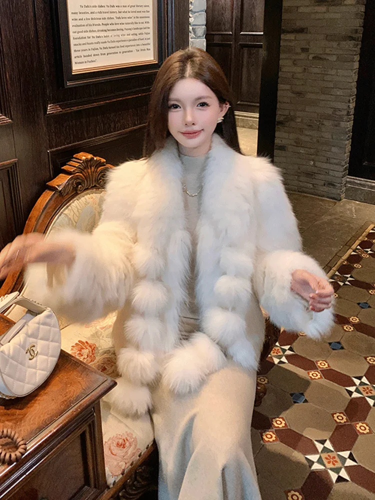 Damska kurtka z naturalnego futra lisa na zimę 2025, z przeszyciami z futra, styl Toghter, ciepła, gruba, codzienna kurtka, ciepły płaszcz, odzież wierzchnia.