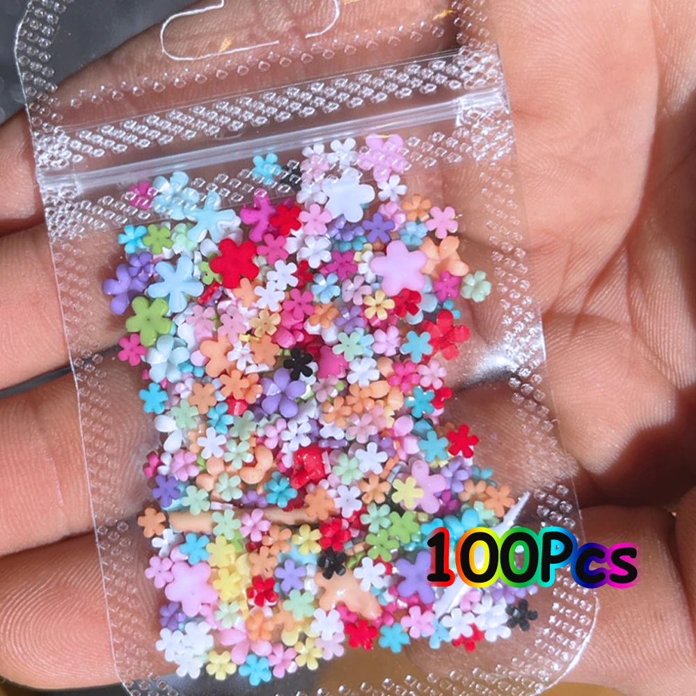 100Pcs Colorful Five-Petal Acrylic Flowers 3mm 6mm 9mm Mixed 3D Resin Flower Nail Art DIY White Mini Florets Manicure Parts ZCF-