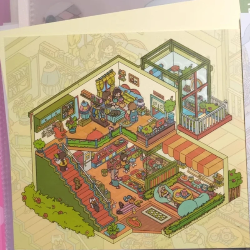 Naklejka krajobrazowa 3D miniaturowa scena Biblioteka przyjęcie herbaciane kwiaciarnia magazyn kolaż naklejki kawaii