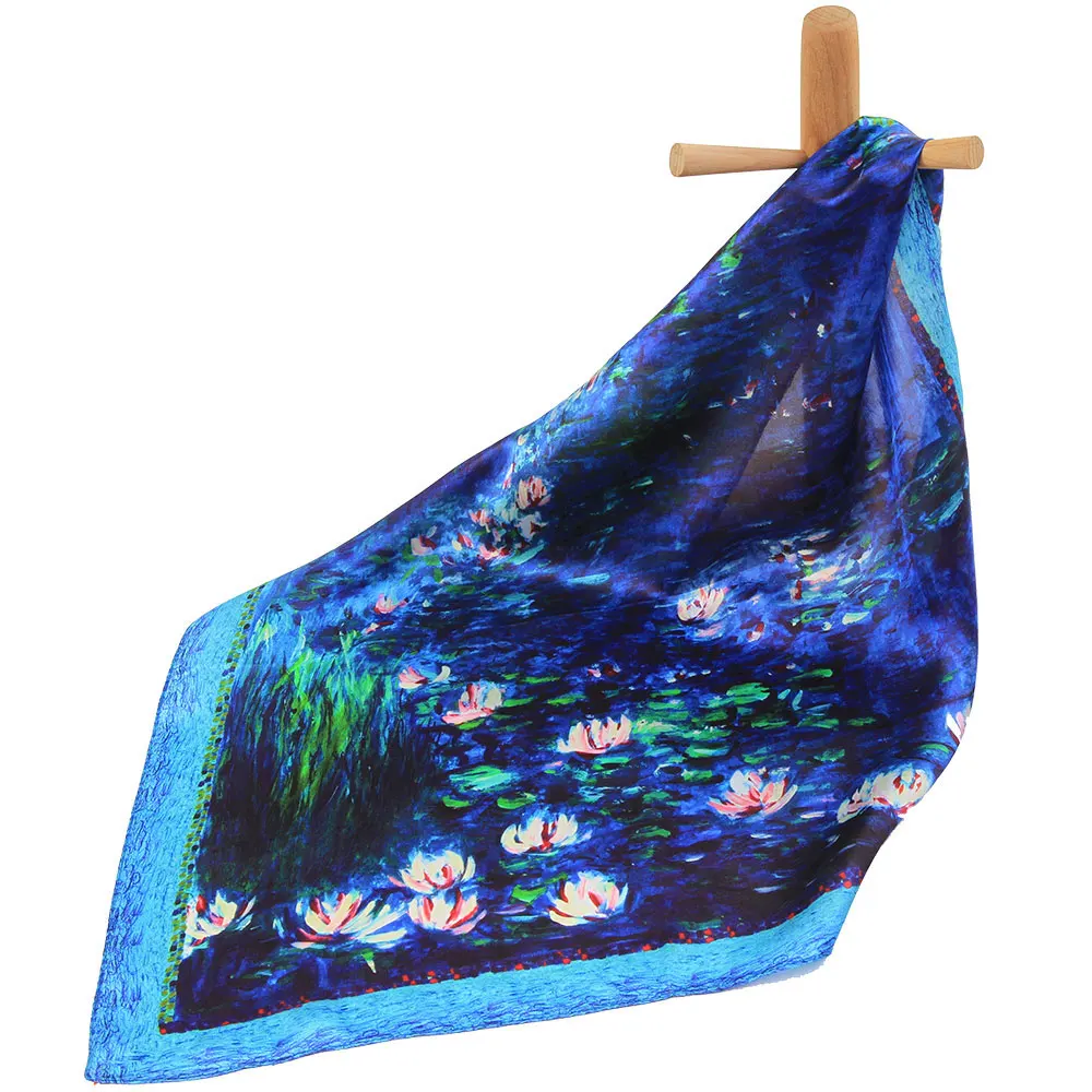 

100% Pure Silk Bandana Female Hair Scarf Blue Water Lily Handkerchief Natural Silk Women Headband Pocket Square for Men's Suit