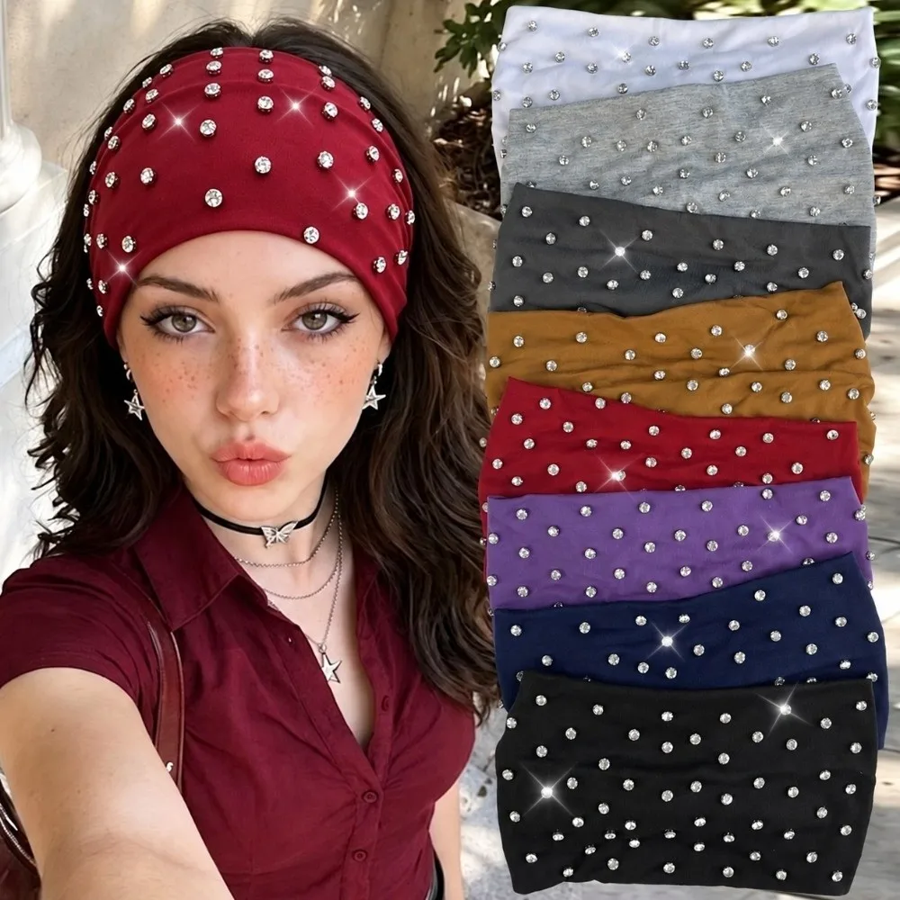 Rhinestone Studded Headband Soft Elastic Wide Punk Rivet Hair Bands Anti-slip Sweat-absorbent Makeup Hairband Hair Accessories