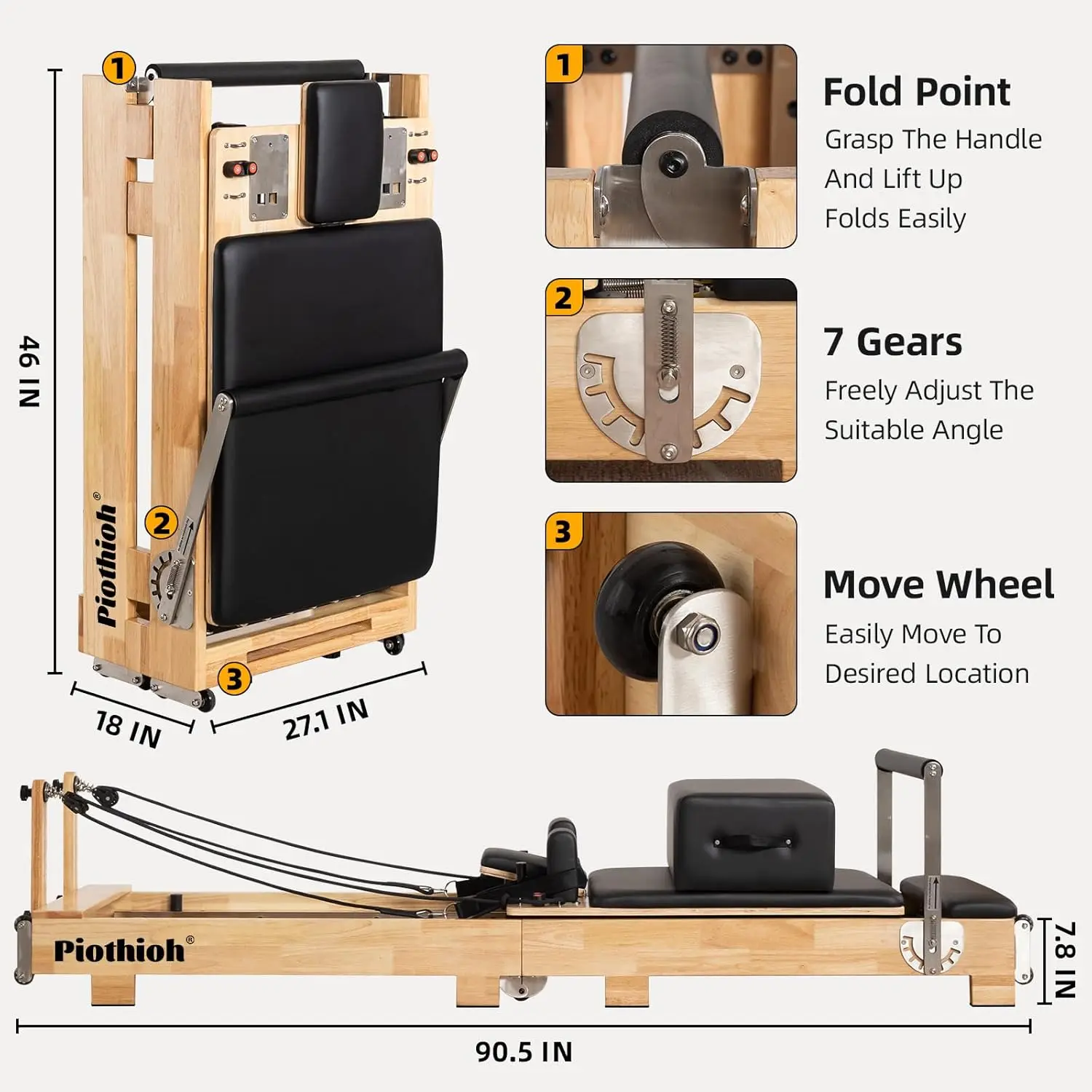 Pilates Reformer Machine, Portable Pilates Reformer Wood Foldable Bed Yoga Exercise Strength Training Foldable Equipment