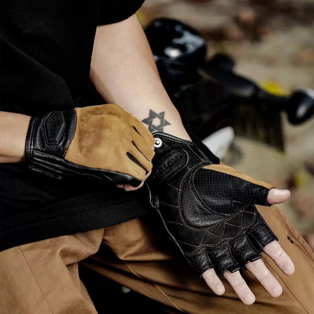 Summer Men Fingerless Motorcycle Glove,Leather Riding Gloves for Motorcyclist, Anti drop, Breathable，Vintage Motorcycle Glove