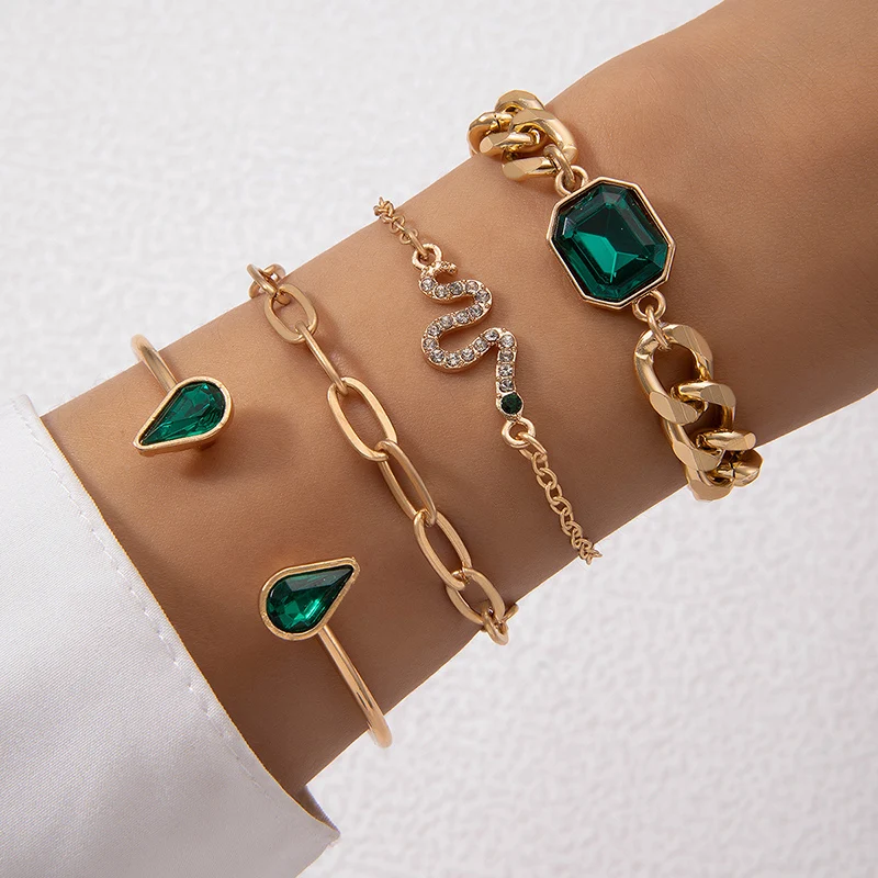 Tocona Fashion Versatile Green Diamond Bracelet Set Imitation Gem Personalized Snake Multi layered Bracelet for Women 24614