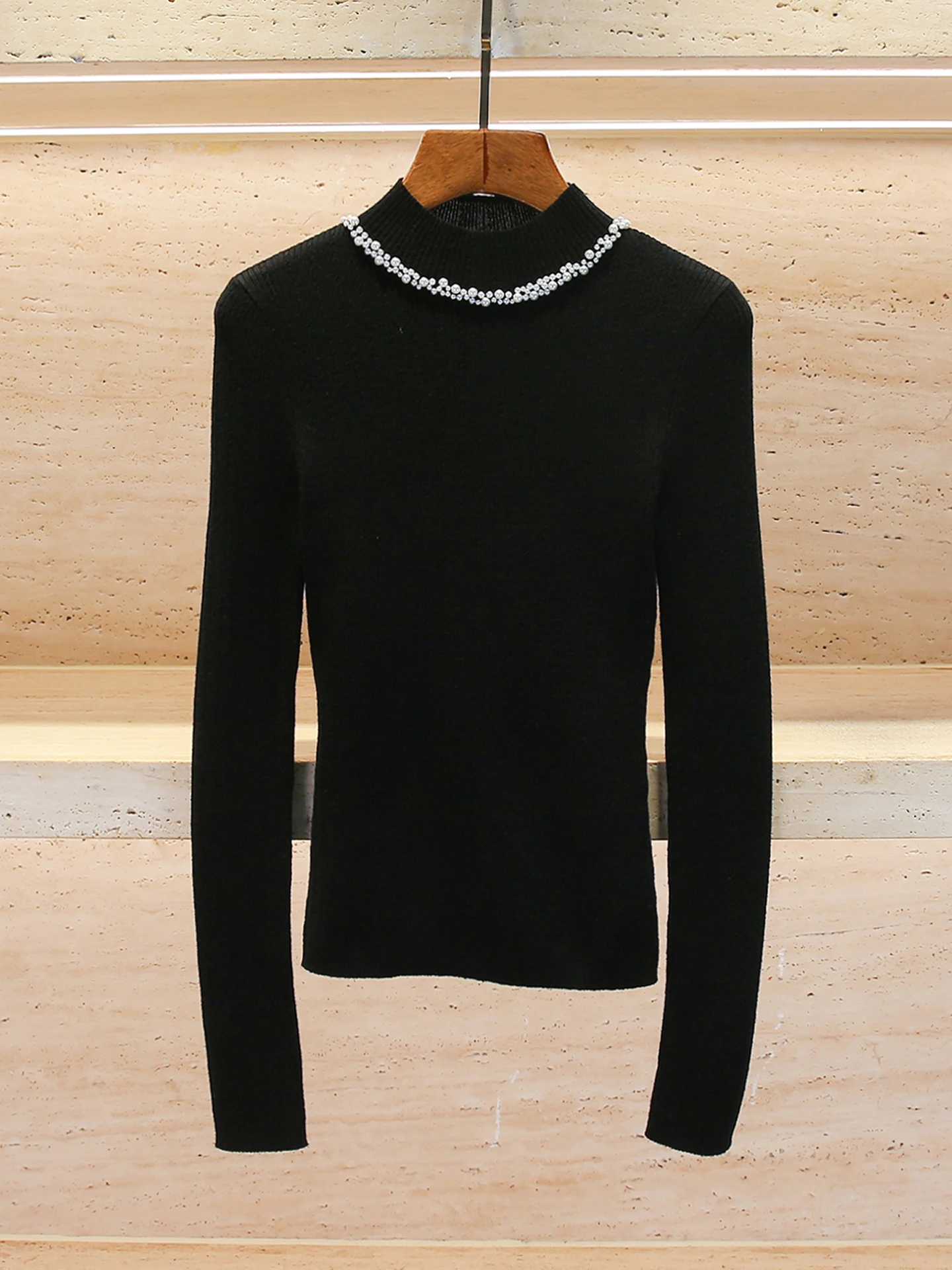 French Sle Slim Fit Knitted Sweater Women's Base Layer Top with Beads Autumn Winter Faion Versatile High End Ladies' Wear