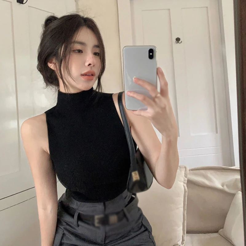 

Women T Shirt High-Neck Slim Fit Fashionable Sleeveless Tank Top Breathable Knitted Workout Shirt Solid