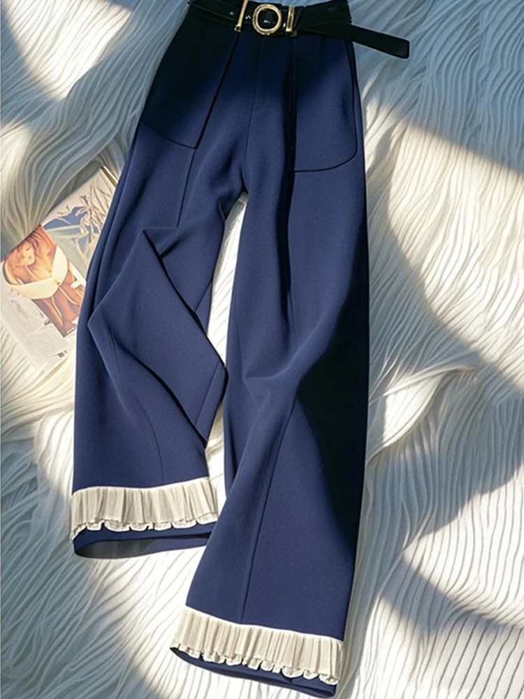 

Женские высококачественные кружевные широкие длинные брюки в ленивом стиле, весна 2024, новые элегантные свободные темно-синие модные брюки для поездок на работу