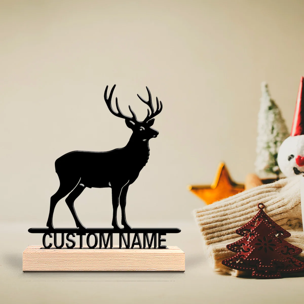 1pc Fashionable Personalized Custom Deer Metal Statue With Wooden Tabletop Decoration, Deer Themed Tabletop Decoration, Fashiona