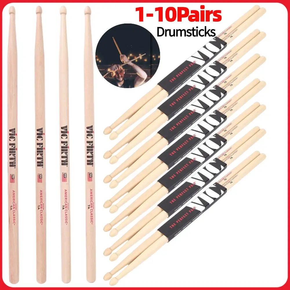 1–10 Paar Trommelstöcke, 5 A/7 A, Trommelstöcke mit Holzspitze, gleichmäßiges Gewicht und Tonhöhe, amerikanische Hickory-Drumsticks für Akustik/Elektronik
