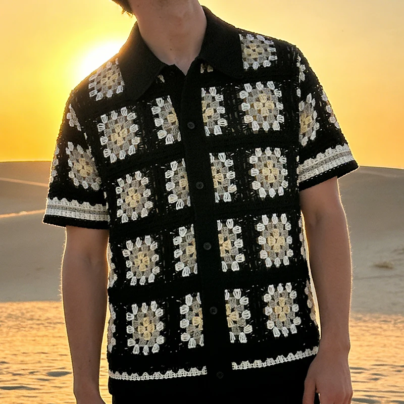 Sexy Hollow Out See Through Knit Shirts Men 2026 Spring Summer Stylish Crochet Knitting Cardigans Mens Casual Short Sleeve Shrit
