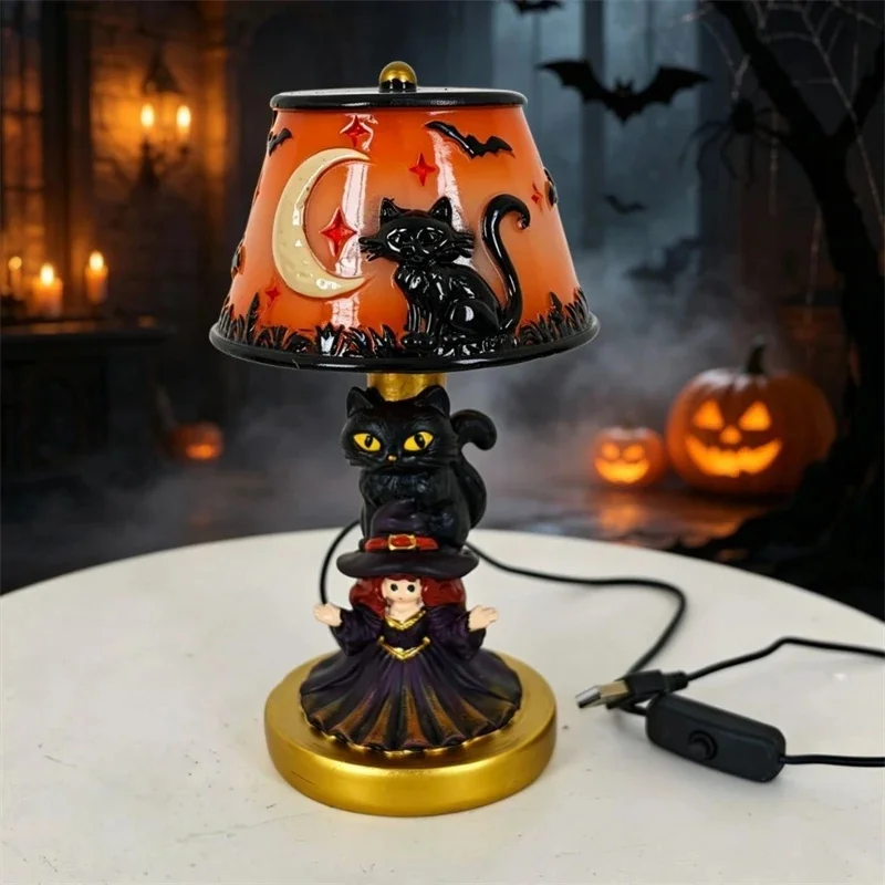 Halloween Mini Stained Glass Table Lamp Vintage Skeleton Base Pumpkin Ghost Bat USB Powered For Holiday Party Bedroom Decor
