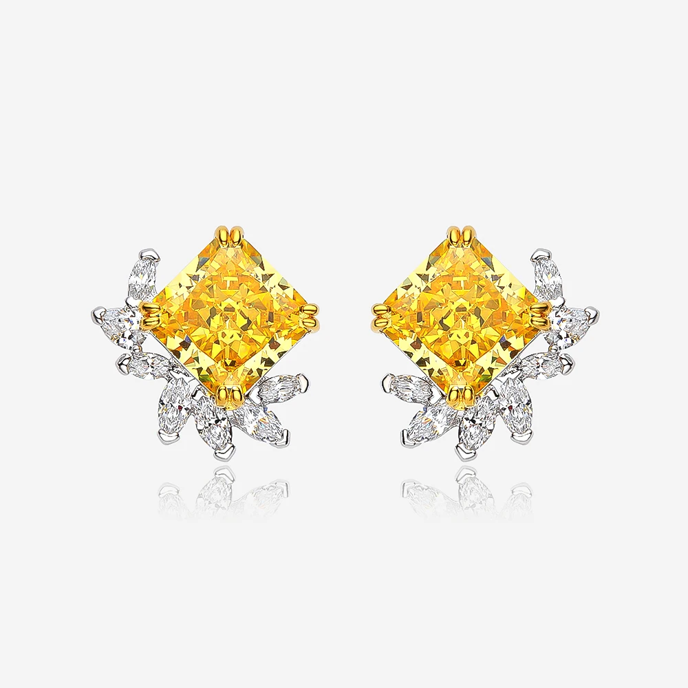 OEVAS 10x10mm 11 Carats Square Yellow 5A Zircon Flower Stud earrings for women S925 Sterling Silver Wedding party Bride jewelry