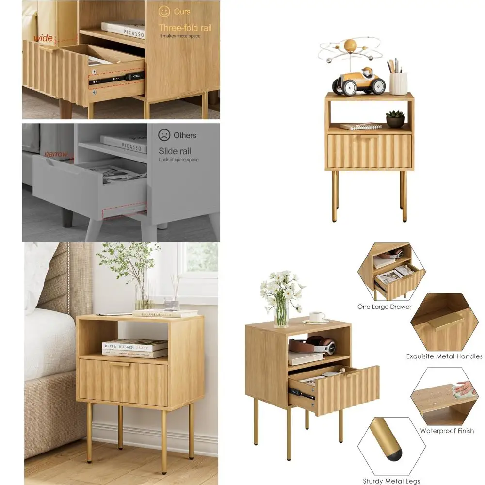 

Современная прикроватная тумбочка из светлого дуба с ящиком и полкой, с золотистым акцентом на каркасе, компактный приставной столик для спальни и гостиной