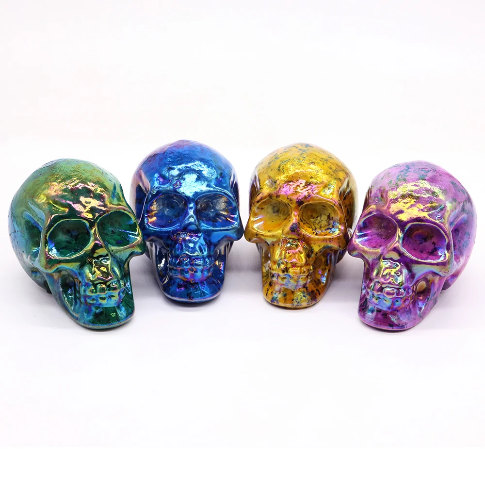 

70mm Vintage Natural Stone Electroplating Skull Healing Crystal Statue Hand Carved Crafts Home Room Decoration Halloween Gifts