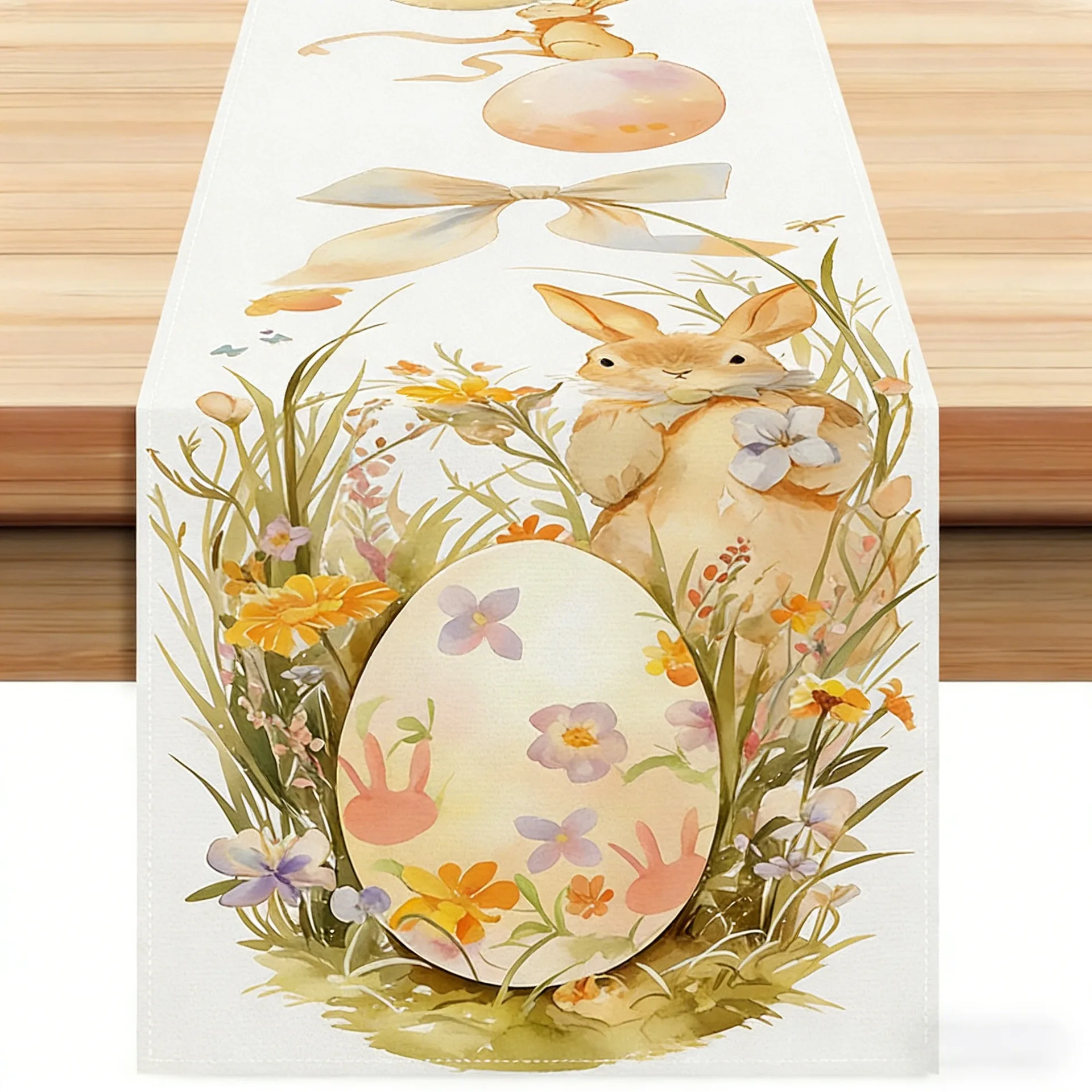 

Spring Floral Rabbit Table Runner Watercolor Easter Egg Desk Mat Pastoral Style Table Decoration for Home Dining Coffee Table