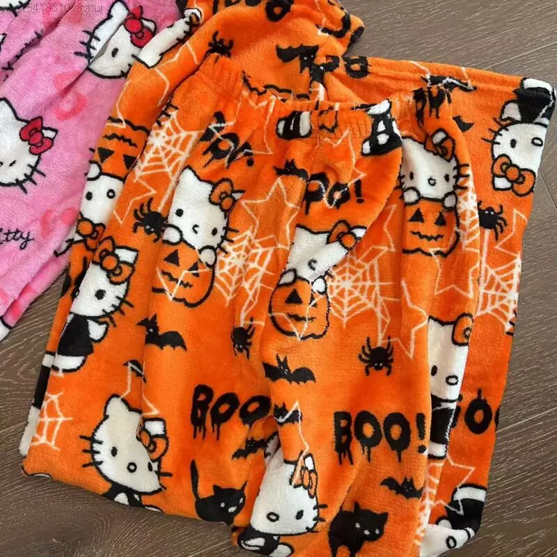 Sanrio Hello Kitty Plush Pajama Sleepwear Pants Women\'s Winter Halloween New Warm Casual Pjs Home Wear Pants Cute Fuzzy Trousers