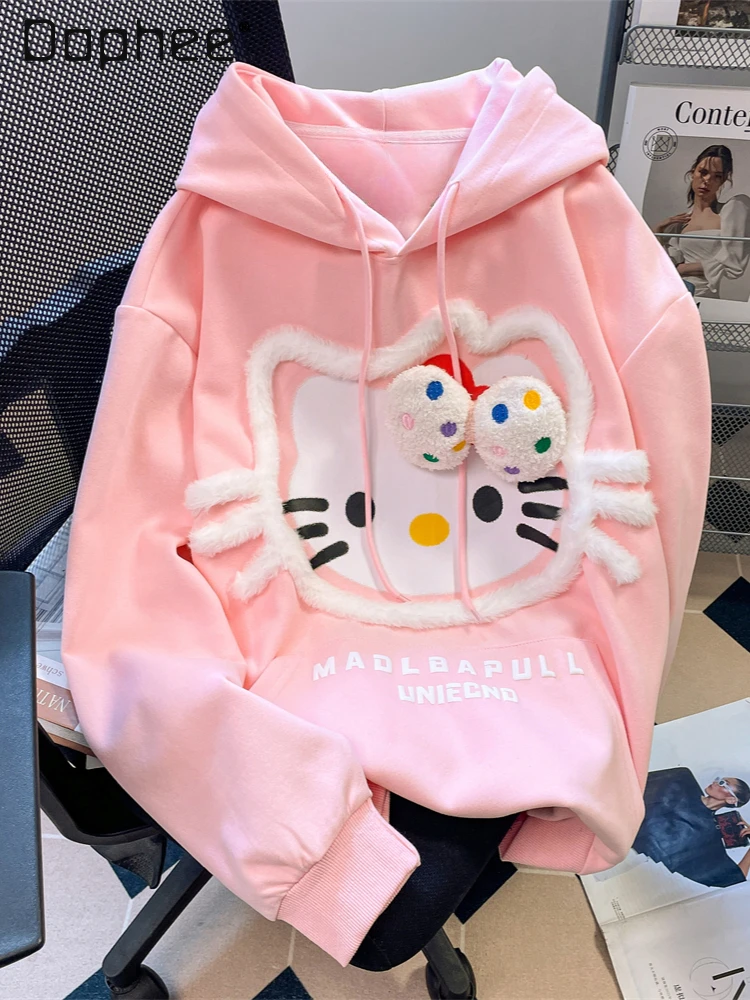 Pink Sweet Girl Three-dimensional Bow Cartoon Cat Sweatshirts Women Spring Autumn Vintage Hooded Long-sleeved Sweashirts