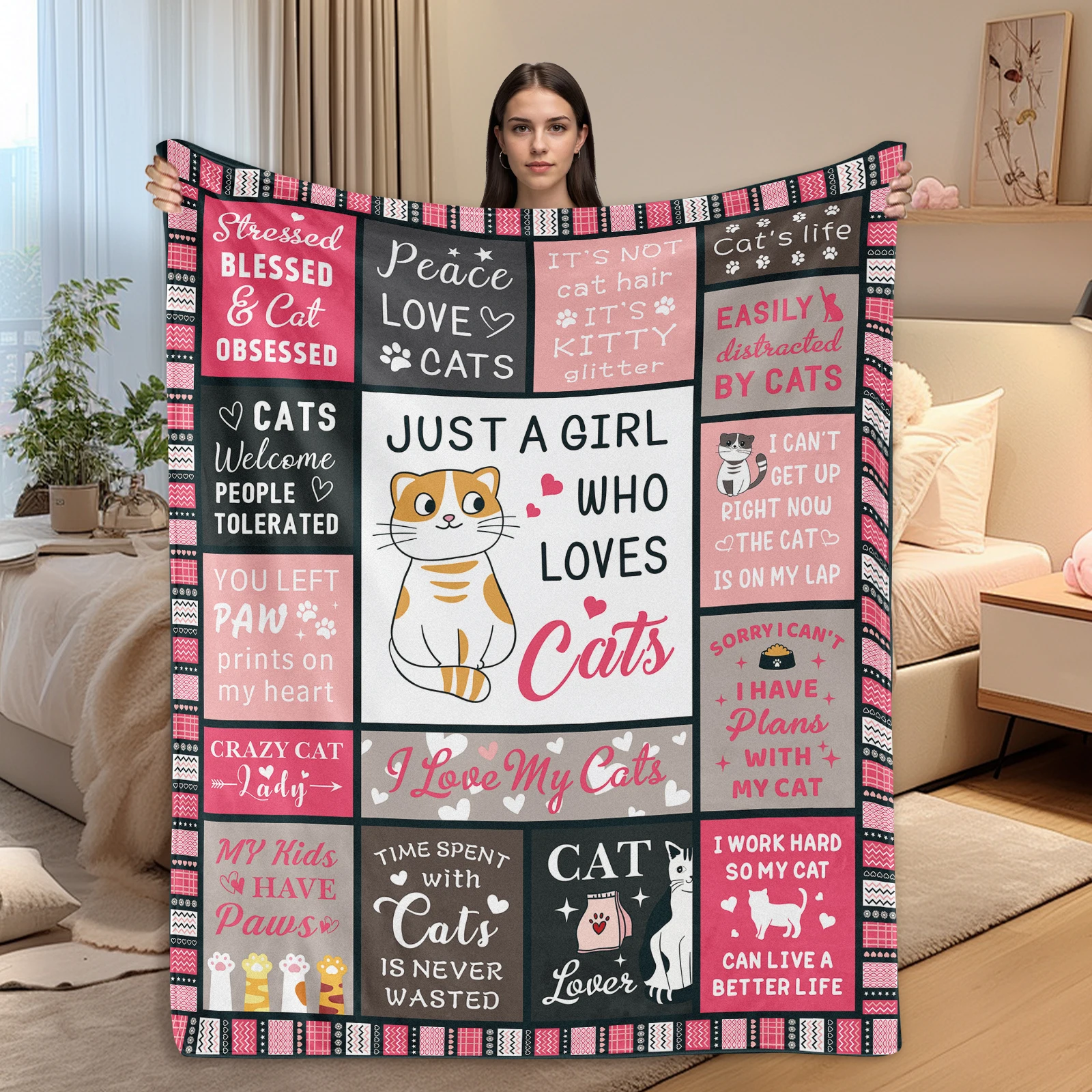 

Pink checkered flannel blanket for cat loving girls features words of praise and cozy cat quotes offering ultimate comfort