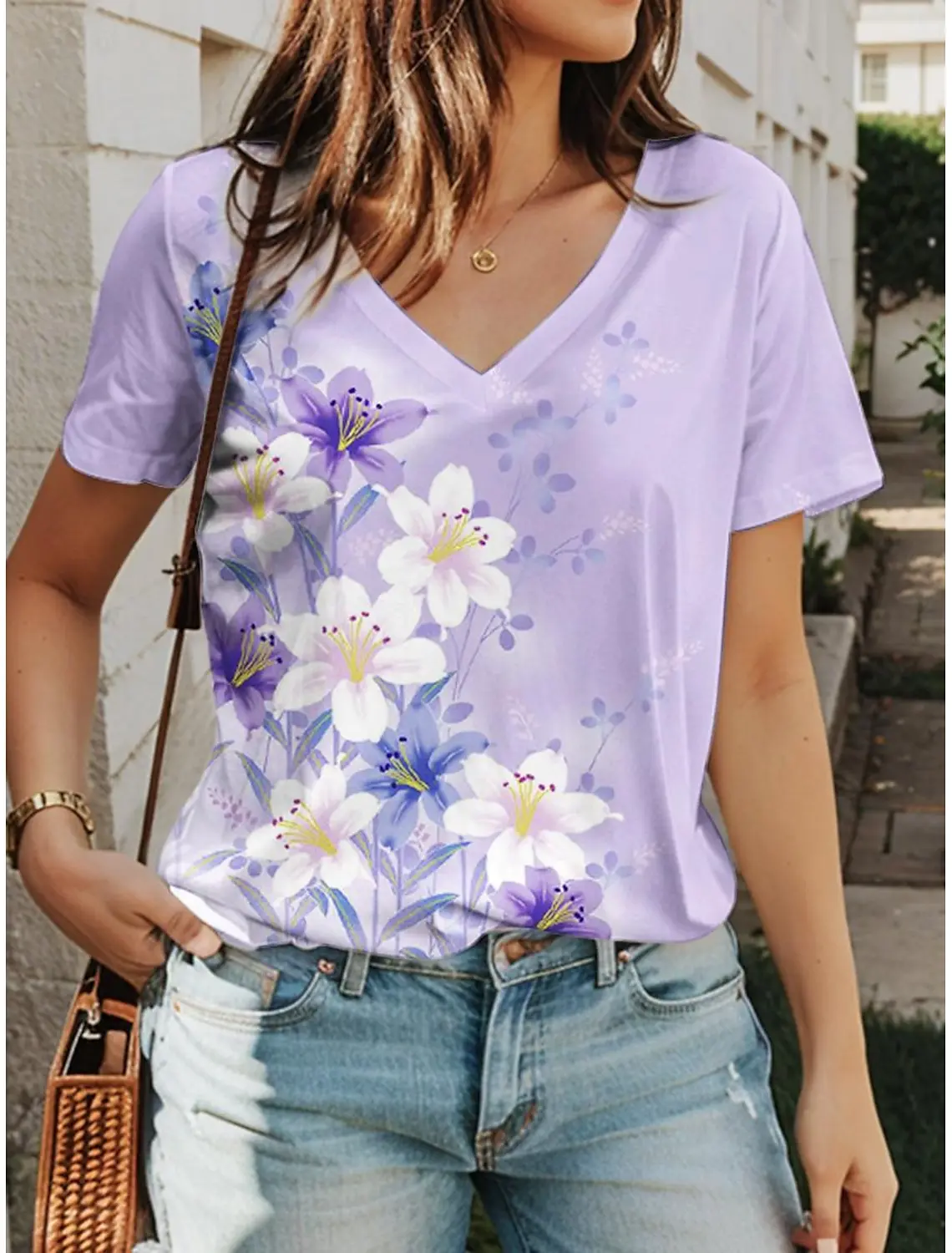 

New V-neck ShortWomen's T-shirts Floral pattern 3D print Sleeve Summer Casual Women's Clothing Harajuku Y2K Hip Hop Clothes