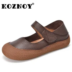 Koznoy 3cm Ethnic Natural Leisure  Rubber Luxury  Summer Cow Genuine Leather Soft Flats Concise Autumn Loafer Hook Women Shoes