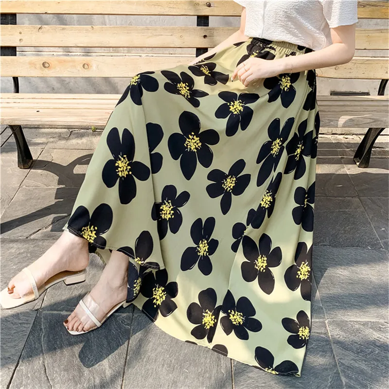 

Women's Summer Loose Slimming Chiffon Skirt Midi A-Line Gown Flared Hemline Print Waist Design Long Skirt Floral Pattern