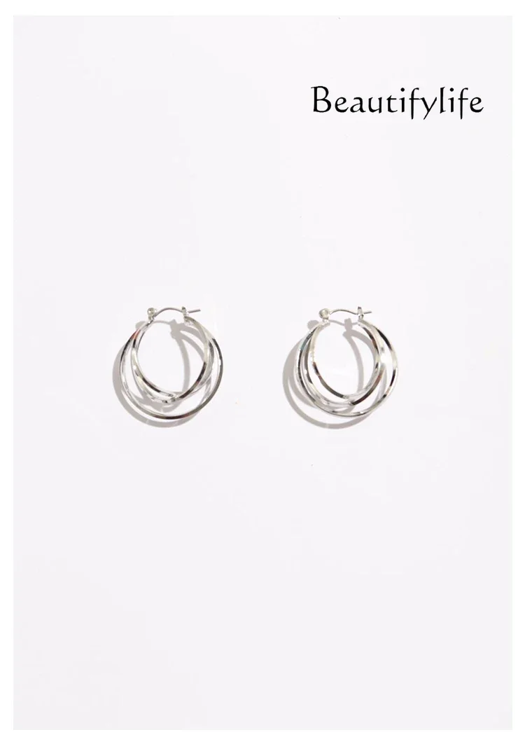 

Niche cold wind three-layer staggered circle ear buckle women's Japan and Korea twisted winding earrings 18K