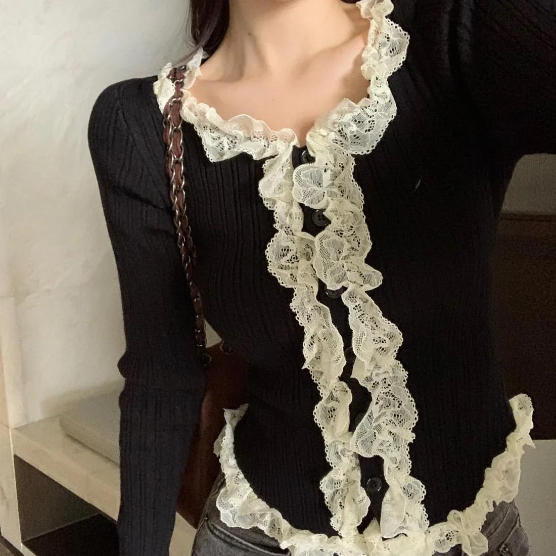 Suéter con volantes para mujer, manga larga, corte entallado, Top de punto acanalado, jersey para mujer, coqueta Fairycore Y2K Gyaru Shoujo, traje para niña