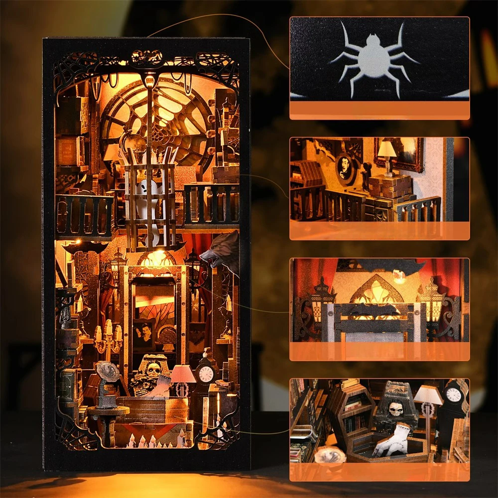 Book Nook Kit The Addams Family DIY Wooden Puzzle Wednesday Halloween Bookshelf Dollhouse Model Bookend Building Home Decoration