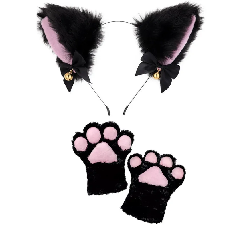 5Pcs Halloween Party Cat Headband Necklace Claw Gloves Tail Sets Cosplay Plush Bell Hairband Masquerade Headwear Hair Accessor