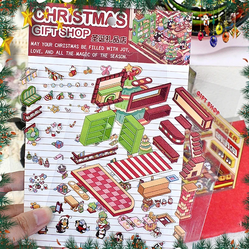 【3CS99】1/4 Uds. Pegatinas de paisajismo 3D DIY de Navidad pegatinas de cabina de escena en miniatura apilamiento de escena pegado lindo regalo para niños adultos