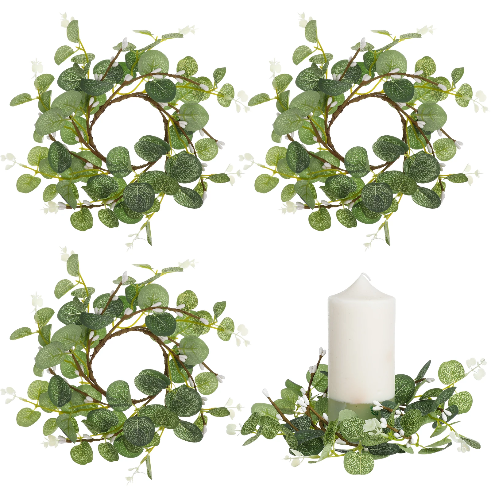 

4pcs Eucalyptus Wreath Simulated Leaves Small Table Decor Rings Pillars Farmhouse Indoor Outdoor 8cm Diameter Safe