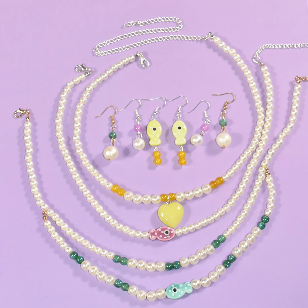 Interesting Ceramic Fish Necklace Popular Imitation Pearl Necklace Earring Set Lady New Niche Cartoon Accessories